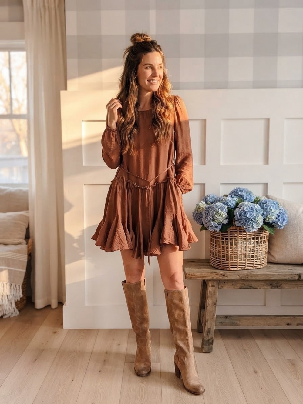 Bluivy Copper-Brown Long Sleeve Mini Dress Large
